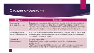 Стадии анорексии
Стадии Признаки
Начальная
(Дисморфобическая)
Ощущение неправильности строения своего тела, полнота которого
препятствует к решению социальной адаптации среди сверстников.
На этой стадии пациенты имеют аппетит и после голодовок начинают
усиленно питаться, особенно по ночам, когда их никто не видит.
Промежуточная
(Дисморфоманическая)
В этот период пациенты начинают получать удовольствие от голодания
и прибегают к специальным методам, чтобы избавиться от случайно
попавшей в организм пищи.
Конечная
(Терминальная)
Аппетит отсутствует.
Случайный прием пищи приводит к рвоте без специальных
упражнений.
Рецепторы желудка атрофированы и не могут воспринимать пищу.
Развивается дистрофия, которая приводит к остановке сердца.
 