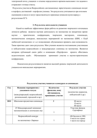 электронной почте, учащиеся в течение определенного времени выполняют эти задания и
отправляют готовые ответы.
Результаты участия во Всероссийских дистанционных эвристических олимпиадах входят
в портфель достижений - портфолио ученика. Эти результаты учитываются при итоговом
оценивании в школе и могут представляться в приемные комиссии вузов наряду с
результатами ЕГЭ.
3. Результаты деятельности учащихся
Одной из наиболее эффективных форм работы по развитию творческого потенциала
личности ребенка является научная деятельность по математике во внеурочное время:
научно - практических конференциях, творческих мастерских, олимпиадах,
математических конкурсах, внеклассных мероприятий по математике (КВН, « Клуб
любителей математики» и т.д.) позволяющих обучающимся проявить свои возможности.
Такая практика дают свои результаты. Мои ученики являются постоянными участниками
и победителями всероссийских и международных олимпиад по математике. Являются
авторами публикаций своих работ в номинации «Портфолио» проекта «Фестиваль
педагогических идей». Обучающиеся принимают участие в научно-практических
конференциях.
Показателем результативности является высокий уровень творческой деятельности
учащихся во внеклассных мероприятиях.
Результаты участия учащихся в конкурсах и олимпиадах
Год Название мероприятия с
указанием статуса
(международный, всероссийский,
региональный, городской и пр.)
Количество
(фамилия, имя)
обучающихся,
принявших участие
Результат участия
(количество лауреатов,
победителей и др.)
2011 Школьная предметная олимпиада 3 III место
II место
III место
25 Международный чемпионат
математических и логических игр
1
Участник финала
Сертификат
Всероссийский конкурс
по математике «Эврика» 1
(86 баллов из 100)
4 место по стране
1 место по городу
 