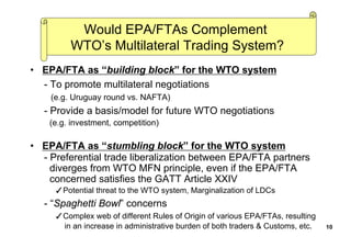 Would EPA/FTAs Complement
WTO’s Multilateral Trading System?
• EPA/FTA as “building block” for the WTO system
- To promote multilateral negotiations
(e.g. Uruguay round vs. NAFTA)
- Provide a basis/model for future WTO negotiations
(e.g. investment, competition)
• EPA/FTA as “stumbling block” for the WTO system
- Preferential trade liberalization between EPA/FTA partners
diverges from WTO MFN principle, even if the EPA/FTA
concerned satisfies the GATT Article XXIV
✓Potential threat to the WTO system, Marginalization of LDCs
- “Spaghetti Bowl” concerns
✓Complex web of different Rules of Origin of various EPA/FTAs, resulting
in an increase in administrative burden of both traders & Customs, etc. 10
 