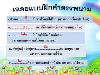 ๑.ปากกา....................ฉันวางไว้หายไปไหน (สรรพนามเชื่อมประโยค)ที่
๒. ..............................บอกว่าให้คอยสักครู่ (สรรพนามบุรุษที่ ๓)เขา
๓. ..............................ในโลกไม่มีอะไรแน่นอน
(สรรพนามบอกความไม่เฉพาะเจาะจง)
ใดใด
๔. เด็กผู้หญิงเล่นตุ๊กตา.................................อย่างสนุกสนาน
(สรรพนามบอกความชี้ซ้า)
กัน
๕. .....................ต้องการกระดาษเช็ดหน้าบ้าง (สรรพนามใช้ถาม)ใคร
 