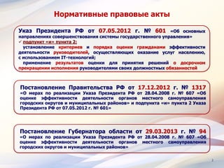 2
Нормативные правовые акты
Указ Президента РФ от 07.05.2012 г. № 601 «Об основных
направлениях совершенствования системы государственного управления»
 подпункт «и» пункта 2:
установление критериев и порядка оценки гражданами эффективности
деятельности руководителей, осуществляющих оказание услуг населению,
с использованием IT-технологий;
применение результатов оценки для принятия решений о досрочном
прекращении исполнения руководителями своих должностных обязанностей
Постановление Правительства РФ от 17.12.2012 г. № 1317
«О мерах по реализации Указа Президента РФ от 28.04.2008 г. № 607 «Об
оценке эффективности деятельности органов местного самоуправления
городских округов и муниципальных районов» и подпункта «и» пункта 2 Указа
Президента РФ от 07.05.2012 г. № 601»
Постановление Губернатора области от 29.03.2013 г. № 94
«О мерах по реализации Указа Президента РФ от 28.04.2008 г. № 607 «Об
оценке эффективности деятельности органов местного самоуправления
городских округов и муниципальных районов»
 