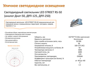 Светодиодный светильник LED STREET RS-50
(аналог Днат-50, ДРЛ-125, ДРЛ-250)
Габариты, мм 443*87*72 (без крепления)
Варианты крепления Консольное
Срок службы источника света, часы 50 000
Степень защиты 66
Напряжение питания, В 160–275 (AC)
Потребляемая мощность не более, Вт 50
Температура свечения, К 5000
Световой поток, лм 6000
Угол раскрытия, ° 120
Производитель светодиодов OSRAM
Коэффициент пульсации (не более), % 1
Рабочая температура от -40 до +60
Гарантия, лет 5
Вес светильника, кг 1.5
Светодиодный светильник LED STREET RS-50 предназначенный для
освещения жилых и промышленных территорий, тротуаров, скверов,
парковок и т.д.
• Естественный свет.
• Российская сборка, европейские комплектующие.
• Равномерное освещение всей площади.
• Не требуют никакого обслуживания.
• Мгновенное включение.
• Бесшумная работа.
Кривая сила света
 