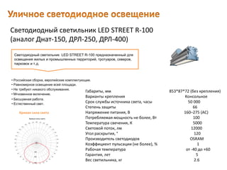 Светодиодный светильник LED STREET R-100
(аналог Днат-150, ДРЛ-250, ДРЛ-400)
Габариты, мм 853*87*72 (без крепления)
Варианты крепления Консольное
Срок службы источника света, часы 50 000
Степень защиты 66
Напряжение питания, В 160–275 (AC)
Потребляемая мощность не более, Вт 100
Температура свечения, К 5000
Световой поток, лм 12000
Угол раскрытия, ° 120
Производитель светодиодов OSRAM
Коэффициент пульсации (не более), % 1
Рабочая температура от -40 до +60
Гарантия, лет 5
Вес светильника, кг 2.6
Светодиодный светильник LED STREET R-100 предназначенный для
освещения жилых и промышленных территорий, тротуаров, скверов,
парковок и т.д.
• Естественный свет.
• Российская сборка, европейские комплектующие.
• Равномерное освещение всей площади.
• Не требуют никакого обслуживания.
• Мгновенное включение.
• Бесшумная работа.
Кривая сила света
 