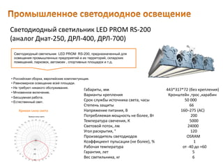 Светодиодный светильник LED PROM RS-200
(аналог Днат-250, ДРЛ-400, ДРЛ-700)
Габариты, мм 443*317*72 (без крепления)
Варианты крепления Кронштейн ,трос ,карабин
Срок службы источника света, часы 50 000
Степень защиты 66
Напряжение питания, В 160–275 (AC)
Потребляемая мощность не более, Вт 200
Температура свечения, К 5000
Световой поток, лм 24000
Угол раскрытия, ° 120
Производитель светодиодов OSRAM
Коэффициент пульсации (не более), % 1
Рабочая температура от -40 до +60
Гарантия, лет 5
Вес светильника, кг 6
Светодиодный светильник LED PROM RS-200, предназначенный для
освещения промышленных предприятий и их территорий, складских
помещений, парковок, автомоек , спортивных площадок и т.д.
• Естественный свет.
• Российская сборка, европейские комплектующие.
• Равномерное освещение всей площади.
• Не требуют никакого обслуживания.
• Мгновенное включение.
• Бесшумная работа.
Кривая сила света
 