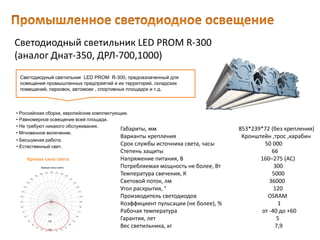 Светодиодный светильник LED PROM R-300
(аналог Днат-350, ДРЛ-700,1000)
Габариты, мм 853*239*72 (без крепления)
Варианты крепления Кронштейн ,трос ,карабин
Срок службы источника света, часы 50 000
Степень защиты 66
Напряжение питания, В 160–275 (AC)
Потребляемая мощность не более, Вт 300
Температура свечения, К 5000
Световой поток, лм 36000
Угол раскрытия, ° 120
Производитель светодиодов OSRAM
Коэффициент пульсации (не более), % 1
Рабочая температура от -40 до +60
Гарантия, лет 5
Вес светильника, кг 7,9
Светодиодный светильник LED PROM R-300, предназначенный для
освещения промышленных предприятий и их территорий, складских
помещений, парковок, автомоек , спортивных площадок и т.д.
• Естественный свет.
• Российская сборка, европейские комплектующие.
• Равномерное освещение всей площади.
• Не требуют никакого обслуживания.
• Мгновенное включение.
• Бесшумная работа.
Кривая сила света
 