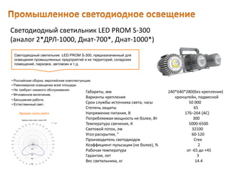 Светодиодный светильник LED PROM S-300
(аналог 2*ДРЛ-1000, Днат-700*, Днат-1000*)
Габариты, мм 240*640*280(без крепления)
Варианты крепления кронштейн, подвесной
Срок службы источника света, часы 50 000
Степень защиты 65
Напряжение питания, В 176–264 (AC)
Потребляемая мощность не более, Вт 300
Температура свечения, К 5000-6500
Световой поток, лм 32100
Угол раскрытия, ° 60-120
Производитель светодиодов Cree
Коэффициент пульсации (не более), % 2
Рабочая температура от -65 до +45
Гарантия, лет 3
Вес светильника, кг 14.4
Светодиодный светильник LED PROM S-300, предназначенный для
освещения промышленных предприятий и их территорий, складских
помещений, парковок, автомоек и т.д.
• Естественный свет.
• Российская сборка, европейские комплектующие.
• Равномерное освещение всей площади.
• Не требуют никакого обслуживания.
• Мгновенное включение.
• Бесшумная работа.
Кривая сила света
 