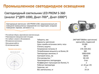 Светодиодный светильник LED PROM S-360
(аналог 2*ДРЛ-1000, Днат-700*, Днат-1000*)
Габариты, мм 240*640*280(без крепления)
Варианты крепления кронштейн, подвесной
Срок службы источника света, часы 50 000
Степень защиты 65
Напряжение питания, В 176–264 (AC)
Потребляемая мощность не более, Вт 360
Температура свечения, К 5000-6500
Световой поток, лм 38250
Угол раскрытия, ° 60-120
Производитель светодиодов Cree
Коэффициент пульсации (не более), % 2
Рабочая температура от -65 до +45
Гарантия, лет 3
Вес светильника, кг 14.14
Светодиодный светильник LED PROM S-360, предназначенный для
освещения промышленных предприятий и их территорий, складских
помещений, парковок, автомоек и т.д.
• Естественный свет.
• Российская сборка, европейские комплектующие.
• Равномерное освещение всей площади.
• Не требуют никакого обслуживания.
• Мгновенное включение.
• Бесшумная работа.
Кривая сила света
 