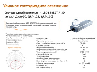 Светодиодный светильник LED STREET A-30
(аналог Днат-50, ДРЛ-125, ДРЛ-250)
Габариты, мм 150*106*57 (без крепления)
Варианты крепления Консольное
Срок службы источника света, часы 50 000
Степень защиты 67
Напряжение питания, В 176–264 (AC)
Потребляемая мощность не более, Вт 30
Температура свечения, К 5000-6500
Световой поток, лм 3600
Угол раскрытия, ° 120
Производитель светодиодов LG
Коэффициент пульсации (не более), % 2
Рабочая температура от -65 до +45
Гарантия, лет 5
Вес светильника, кг 1.5
Светодиодный светильник LED STREET A-30, предназначенный для
освещения жилых и промышленных территорий, тротуаров, скверов,
парковок и т.д.
• Естественный свет.
• Российская сборка, европейские комплектующие.
• Равномерное освещение всей площади.
• Не требуют никакого обслуживания.
• Мгновенное включение.
• Бесшумная работа.
Кривая сила света
 