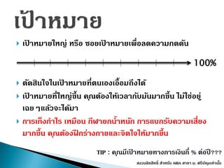 เป้ ำหมำยใหญ่ หรือ ซอยเป้ ำหมำยเพื่อลดควำมกดดัน
 ตัดสินใจในเป้ ำหมำยที่ตนเองเอื้อมถึงได้
 เป้ ำหมำยที่ใหญ่ขึ้น คุณต้องให้เวลำกับมันมำกขึ้น ไม่ใช่อยู่
เฉยๆแล้วจะได้มำ
 กำรเก็งกำไร เหมือน กีฬำยกน้ำหนัก กำรแบกรับควำมเสี่ยง
มำกขึ้น คุณต้องฝึ กร่ำงกำยและจิตใจให้มำกขึ้น
สงวนลิขสิทธิ์ สำหรับ AIRA สำขำ ม. ศรีปทุมเท่ำนั้น
100%
TIP : คุณมีเป้ ำหมำยทำงกำรเงินกี่ % ต่อปี ???
 