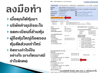  เมื่อคุณได้หุ้นมำ
 บริษัททำธุรกิจอะไร
 จดทะเบียนกี่ล้ำนหุ้น
 ผู้ถือหุ้นใหญ่ถือครอง
หุ้นสัดส่วนเท่ำไหร่
 ทิศทำงกำไรเป็ น
อย่ำงไร (บำงไตรมำสมี
กำไรพิเศษ)
สงวนลิขสิทธิ์ สำหรับ AIRA สำขำ ม. ศรีปทุมเท่ำนั้น
 