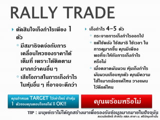 คุณกำหนด TARGET ไว้เท่ำไหร่ ถ้ำหุ้น
1 ตัวของคุณตอบโจทย์ได้ ก็ OK!! คุณพร้อมหรือไม่
 ตัดสินใจเก็งกำไรเพียง 1
ตัว
◦ มีสมำธิจดจ่อกับกำร
เคลื่อนไหวของรำคำได้
เต็มที่ เพรำะได้ติดตำม
มำกกว่ำคนอื่นๆ
◦ เสียโอกำสในกำรเก็งกำไร
ในหุ้นอื่นๆ ที่อำจจะดีกว่ำ
 เก็งกำไร 4-5 ตัว
◦ กระจำยกำรเก็งกำไรออกไป
◦ แต่ใช้พลัง ใช้สมำธิ ใช้เวลำ ใน
กำรดูมำกขึ้น คุณมีเพียง
พอที่จะให้กับกำรเก็งกำไร
หรือไม่
◦ เมื่อตลำดผันผวน หุ้นเก็งกำไร
ผันผวนเกือบทุกตัว คุณมีควำม
ใส่ใจมำกน้อยแค่ไหน วำงแผน
ไว้ดีแค่ไหน
TIP : มนุษย์เรำไม่ได้ถูกสร้ำงมำเพื่อรองรับข้อมูลมำกมำยในปัจจุบัน
สงวนลิขสิทธิ์ สำหรับ AIRA สำขำ ม. ศรีปทุมเท่ำนั้น
 