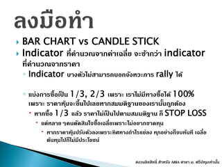  BAR CHART vs CANDLE STICK
 Indicator ที่คำนวณจำกค่ำเฉลี่ย จะช้ำกว่ำ indicator
ที่คำนวณจำกรำคำ
◦ Indicator บำงตัวไม่สำมำรถบอกจังหวะกำร rally ได้
◦ แบ่งกำรซื้อเป็ น 1/3, 2/3 เพรำะ เรำไม่มีทำงซื้อได้ 100%
เพรำะ รำคำหุ้นจะขึ้นไปเลยหำกสมมติฐำนของเรำนั้นถูกต้อง
 หำกซื้อ 1/3 แล้ว รำคำไม่เป็ นไปตำมสมมติฐำน ก็ STOP LOSS
 แต่หลำยๆคนตัดสินใจซื้อเฉลี่ยเพรำะไม่อยำกขำดทุน
 หำกรำคำหุ้นปรับตัวลงเพรำะทิศทำงกำไรแย่ลง ทุกอย่ำงก็จบทันที เฉลี่ย
ต้นทุนไปก็ไม่มีประโยชน์
สงวนลิขสิทธิ์ สำหรับ AIRA สำขำ ม. ศรีปทุมเท่ำนั้น
 