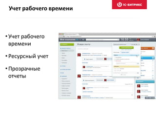 Учет рабочего времени
•Учет рабочего
времени
•Ресурсный учет
•Прозрачные
отчеты
 