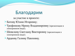 Благодарим
за участие в проекте:
Батову Юлию Игоревну;
Трофимову Ирину Владимировну (презентация в
электронном виде);
Шевелеву Светлану Викторовну (презентация в
электронном виде);
Ардееву Галину Павловну.
 
