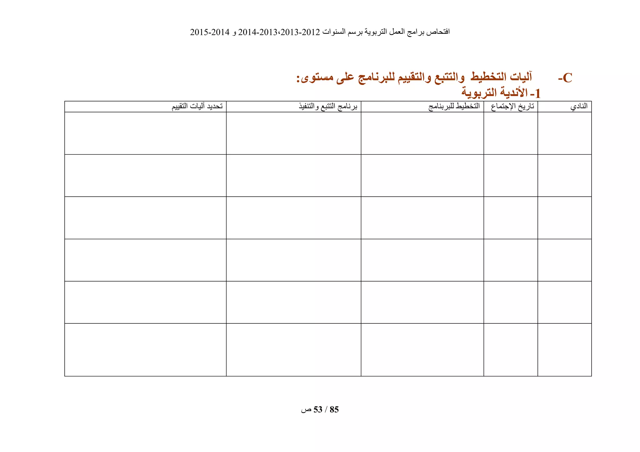 ‫انغُٕاد‬ ‫ثشعى‬ ‫انزشثٌٕخ‬ ‫انؼًم‬ ‫ثشايظ‬ ‫افزؾبؿ‬2012-2013،2013-2014ٔ2014-2015
‫ؿ‬ 53 / 85
C-:‫هستىي‬ ً‫عل‬ ‫زنبهج‬ ‫لل‬ ‫والتقُُن‬ ‫ع‬ ‫والتت‬ ‫التخطُظ‬ ‫آلُبت‬
0-‫التزبىَة‬ ‫األنذَة‬
‫انُبدي‬‫اإلعزًبع‬ ‫ربسٌخ‬‫نهجشثُبيظ‬ ‫انزخطٍط‬‫ٔانزُفٍز‬ ‫انززجغ‬ ‫ثشَبيظ‬‫انزقٍٍى‬ ‫آنٍبد‬ ‫رؾذٌذ‬
 