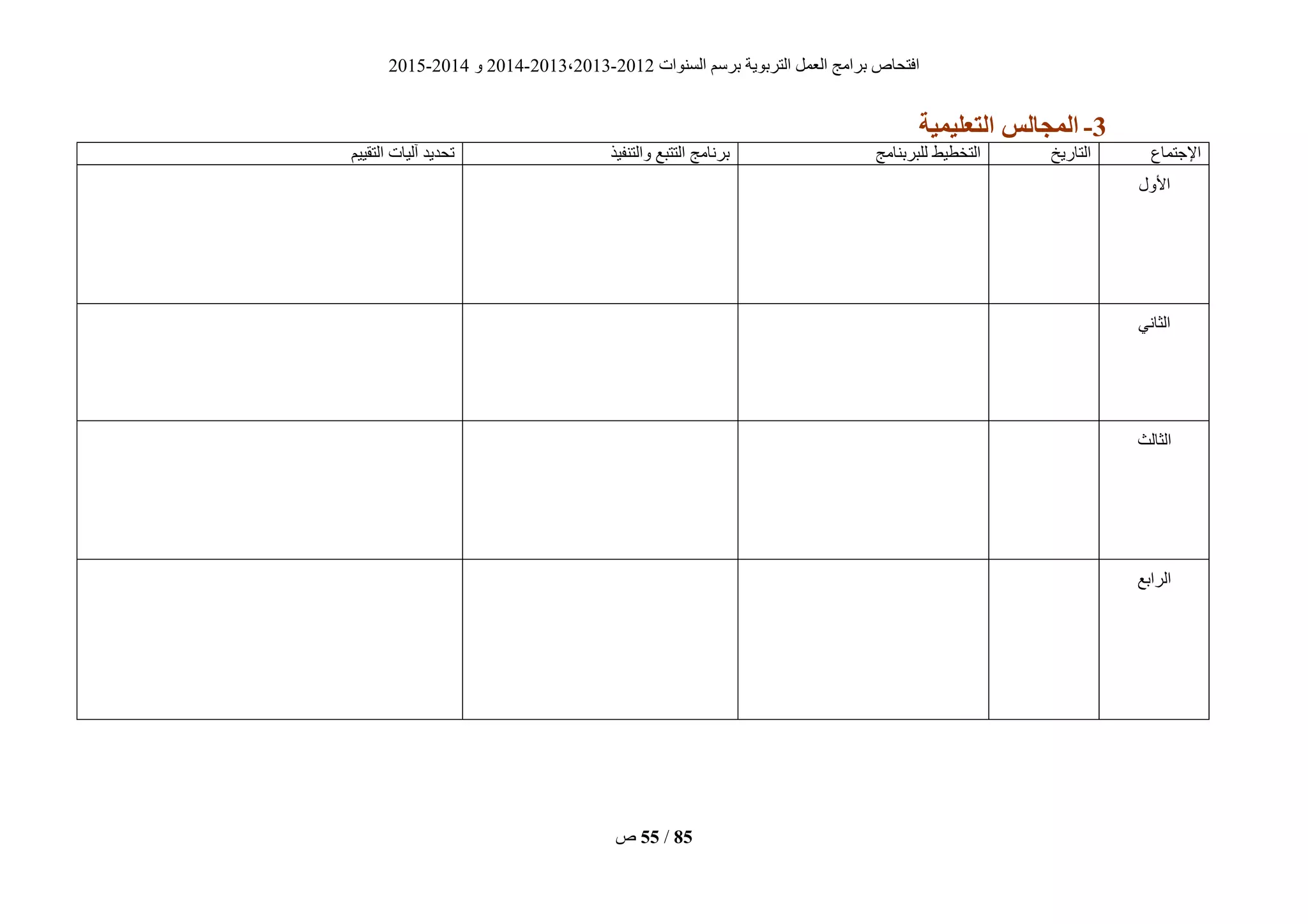 ‫انغُٕاد‬ ‫ثشعى‬ ‫انزشثٌٕخ‬ ‫انؼًم‬ ‫ثشايظ‬ ‫افزؾبؿ‬2012-2013،2013-2014ٔ2014-2015
‫ؿ‬ 55 / 85
2-‫التيلُوُة‬ ‫الوجبلس‬
‫اإلعزًبع‬‫انزبسٌخ‬‫نهجشثُبيظ‬ ‫انزخطٍط‬‫ٔانزُفٍز‬ ‫انززجغ‬ ‫ثشَبيظ‬‫انزقٍٍى‬ ‫آنٍبد‬ ‫رؾذٌذ‬
‫األٔل‬
ًَ‫انضب‬
‫انضبنش‬
‫انشاثغ‬
 
