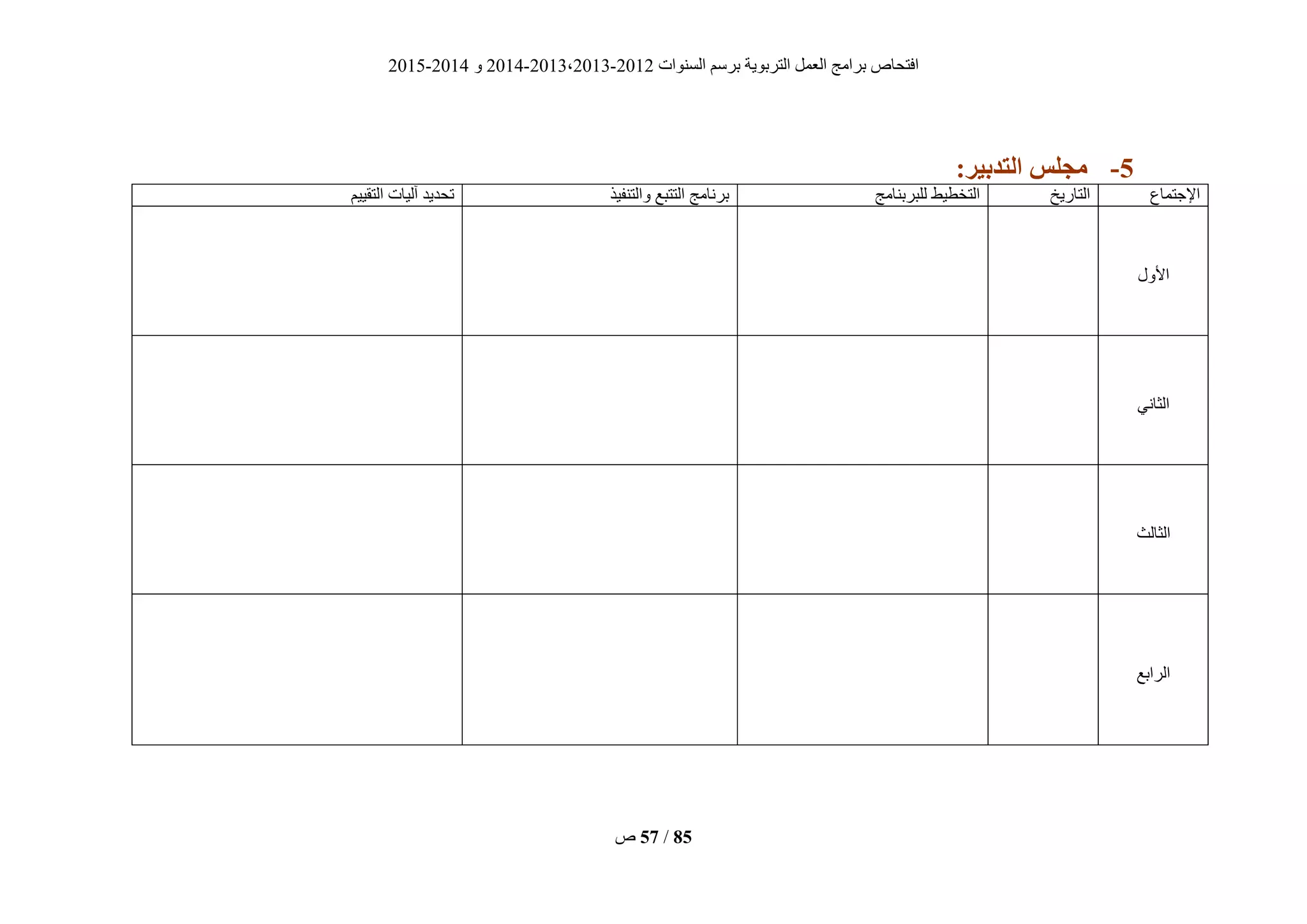 ‫انغُٕاد‬ ‫ثشعى‬ ‫انزشثٌٕخ‬ ‫انؼًم‬ ‫ثشايظ‬ ‫افزؾبؿ‬2012-2013،2013-2014ٔ2014-2015
‫ؿ‬ 57 / 85
2-:‫التذبُز‬ ‫هجلس‬
‫اإلعزًبع‬‫انزبسٌخ‬‫نهجشثُبيظ‬ ‫انزخطٍط‬‫ٔانزُفٍز‬ ‫انززجغ‬ ‫ثشَبيظ‬‫انزقٍٍى‬ ‫آنٍبد‬ ‫رؾذٌذ‬
‫األٔل‬
ًَ‫انضب‬
‫انضبنش‬
‫انشاثغ‬
 