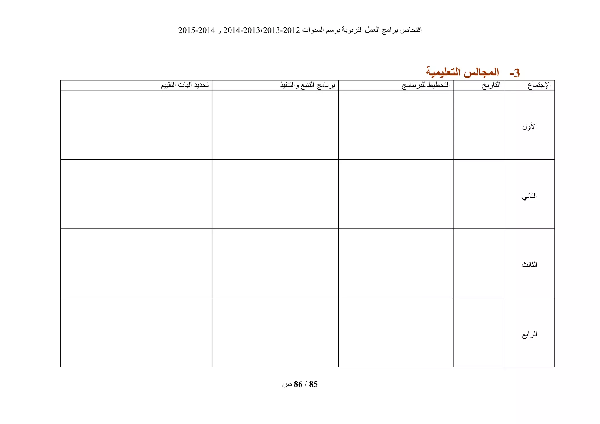 ‫انغُٕاد‬ ‫ثشعى‬ ‫انزشثٌٕخ‬ ‫انؼًم‬ ‫ثشايظ‬ ‫افزؾبؿ‬2012-2013،2013-2014ٔ2014-2015
‫ؿ‬ 86 / 85
2-‫التيلُوُة‬ ‫الوجبلس‬
‫اإلعزًبع‬‫انزبسٌخ‬‫نهجشثُبيظ‬ ‫انزخطٍط‬‫ٔانزُفٍز‬ ‫انززجغ‬ ‫ثشَبيظ‬‫انزقٍٍى‬ ‫آنٍبد‬ ‫رؾذٌذ‬
‫األٔل‬
ًَ‫انضب‬
‫انضبنش‬
‫انشاثغ‬
 