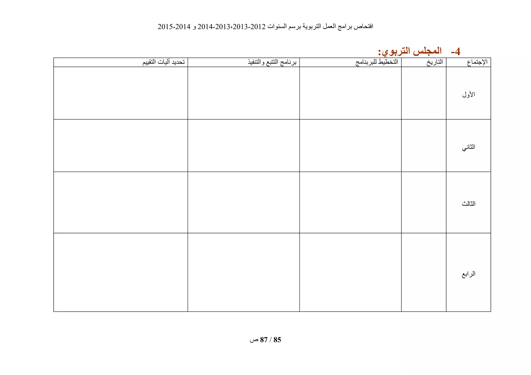 ‫انغُٕاد‬ ‫ثشعى‬ ‫انزشثٌٕخ‬ ‫انؼًم‬ ‫ثشايظ‬ ‫افزؾبؿ‬2012-2013،2013-2014ٔ2014-2015
‫ؿ‬ 87 / 85
2-:ٌ‫التزبى‬ ‫الوجلس‬
‫اإلعزًبع‬‫انزبسٌخ‬‫نهجشثُبيظ‬ ‫انزخطٍط‬‫ٔانزُفٍز‬ ‫انززجغ‬ ‫ثشَبيظ‬‫انزقٍٍى‬ ‫آنٍبد‬ ‫رؾذٌذ‬
‫األٔل‬
ًَ‫انضب‬
‫انضبنش‬
‫انشاثغ‬
 