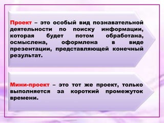 Проект – это особый вид познавательной
деятельности по поиску информации,
которая будет потом обработана,
осмыслена, оформлена в виде
презентации, представляющей конечный
результат.
Мини-проект – это тот же проект, только
выполняется за короткий промежуток
времени.
 