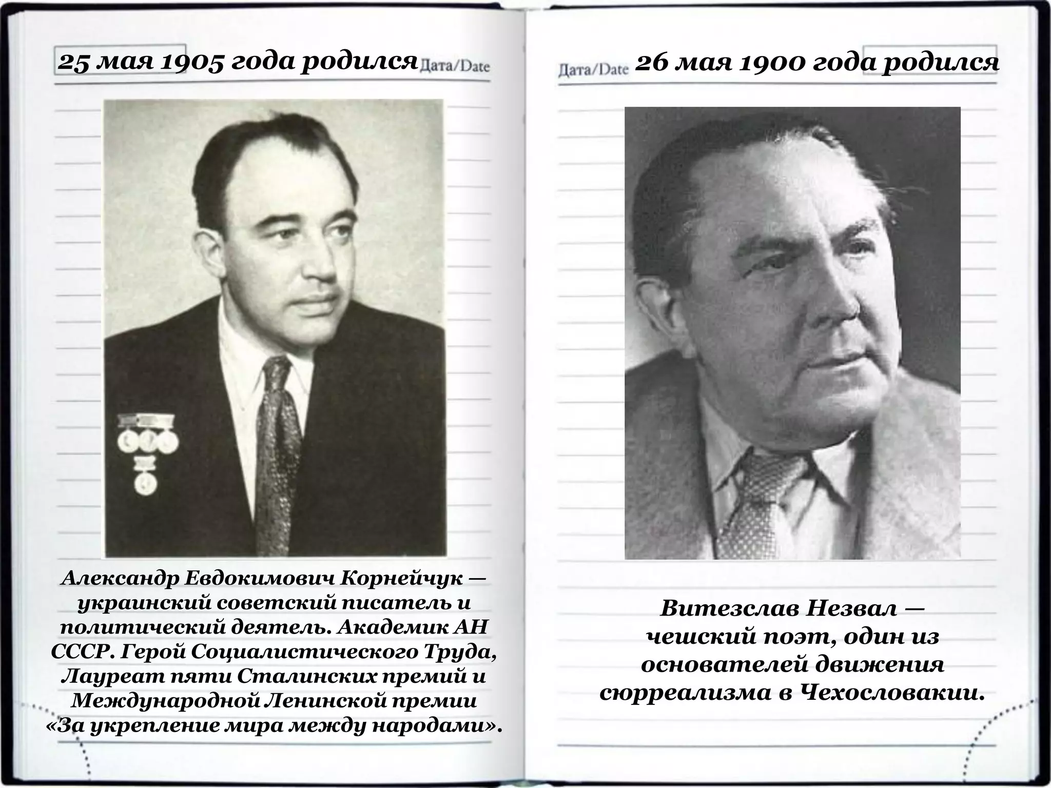 Александр Евдокимович Корнейчук —
украинский советский писатель и
политический деятель. Академик АН
СССР. Герой Социалистического Труда,
Лауреат пяти Сталинских премий и
Международной Ленинской премии
«За укрепление мира между народами».
25 мая 1905 года родился
Витезслав Незвал —
чешский поэт, один из
основателей движения
сюрреализма в Чехословакии.
26 мая 1900 года родился
 