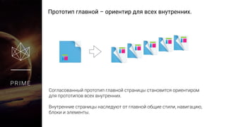 Прототип главной – ориентир для всех внутренних.
PRIME
Согласованный прототип главной страницы становится ориентиром
для прототипов всех внутренних.
Внутренние страницы наследуют от главной общие стили, навигацию,
блоки и элементы.
 