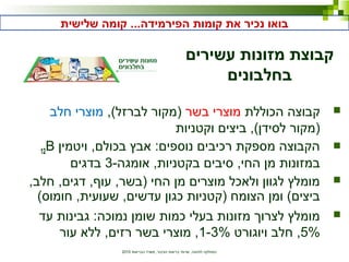 ‫הבריאות‬ ‫משרד‬ ,‫הציבור‬ ‫בריאות‬ ‫שרותי‬ ,‫לתזונה‬ ‫המחלקה‬2010
‫עשירים‬ ‫מזונות‬ ‫קבוצת‬
‫בחלבונים‬
‫הכוללת‬ ‫קבוצה‬‫בשר‬ ‫מוצרי‬,(‫לברזל‬ ‫)מקור‬‫חלב‬ ‫מוצרי‬
‫וקטניות‬ ‫ביצים‬ ,(‫לסידן‬ ‫)מקור‬
‫ויטמין‬ ,‫בכולם‬ ‫אבץ‬ :‫נוספים‬ ‫רכיבים‬ ‫מספקת‬ ‫הקבוצה‬12B
-‫אומגה‬ ,‫בקטניות‬ ‫סיבים‬ ,‫החי‬ ‫מן‬ ‫במזונות‬3‫בדגים‬
,‫חלב‬ ,‫דגים‬ ,‫עוף‬ ,‫)בשר‬ ‫החי‬ ‫מן‬ ‫מוצרים‬ ‫ולאכל‬ ‫לגוון‬ ‫מומלץ‬
(‫חומוס‬ ,‫שעועית‬ ,‫עדשים‬ ‫כגון‬ ‫)קטניות‬ ‫הצומח‬ ‫ומן‬ (‫ביצים‬
‫עד‬ ‫גבינות‬ :‫נמוכה‬ ‫שומן‬ ‫כמות‬ ‫בעלי‬ ‫מזונות‬ ‫לצרוך‬ ‫מומלץ‬
5%‫ויוגורט‬ ‫חלב‬ ,1-3%‫עור‬ ‫ללא‬ ,‫רזים‬ ‫בשר‬ ‫מוצרי‬ ,
‫שלישית‬ ‫קומה‬ ...‫הפירמידה‬ ‫קומות‬ ‫את‬ ‫נכיר‬ ‫בואו‬
 