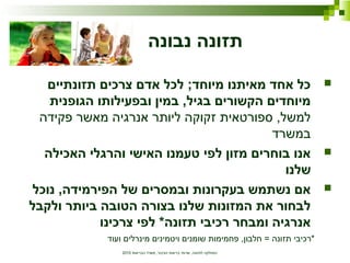 ‫הבריאות‬ ‫משרד‬ ,‫הציבור‬ ‫בריאות‬ ‫שרותי‬ ,‫לתזונה‬ ‫המחלקה‬2010
‫נבונה‬ ‫תזונה‬
‫תזונתיים‬ ‫צרכים‬ ‫אדם‬ ‫לכל‬ ;‫מיוחד‬ ‫מאיתנו‬ ‫אחד‬ ‫כל‬
‫הגופנית‬ ‫ובפעילותו‬ ‫במין‬ ,‫בגיל‬ ‫הקשורים‬ ‫מיוחדים‬
‫פקידה‬ ‫מאשר‬ ‫אנרגיה‬ ‫ליותר‬ ‫זקוקה‬ ‫ספורטאית‬ ,‫למשל‬
‫במשרד‬
‫האכילה‬ ‫והרגלי‬ ‫האישי‬ ‫טעמנו‬ ‫לפי‬ ‫מזון‬ ‫בוחרים‬ ‫אנו‬
‫שלנו‬
‫נוכל‬ ,‫הפירמידה‬ ‫של‬ ‫ובמסרים‬ ‫בעקרונות‬ ‫נשתמש‬ ‫אם‬
‫ולקבל‬ ‫ביותר‬ ‫הטובה‬ ‫בצורה‬ ‫שלנו‬ ‫המזונות‬ ‫את‬ ‫לבחור‬
‫צרכינו‬ ‫לפי‬ *‫תזונה‬ ‫רכיבי‬ ‫ומבחר‬ ‫אנרגיה‬
‫ועוד‬ ‫מינרלים‬ ‫ויטמינים‬ ‫שומנים‬ ‫פחמימות‬ ,‫חלבון‬ = ‫תזונה‬ ‫*רכיבי‬
 