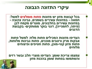 ‫הבריאות‬ ‫משרד‬ ,‫הציבור‬ ‫בריאות‬ ‫שרותי‬ ,‫לתזונה‬ ‫המחלקה‬2010
‫מזונות‬ ‫יש‬ ‫מזון‬ ‫קבוצת‬ ‫בכל‬‫מומלצים‬ ‫פחות‬:‫למשל‬
- ‫צהובה‬ ‫גבינה‬ ,‫בשמנים‬ ‫עשירים‬ ‫במזונות‬ - ‫חמאה‬
‫לבן‬ ‫מקמח‬ ‫מוצרים‬ ,‫בחלבונים‬ ‫עשירים‬ ‫במזונות‬
‫בקבוצת‬ -‫ממותקים‬ ‫בוקר‬ ‫דגני‬ ,(‫לחמנייה‬ ,‫)פיתה‬
‫הדגנים‬
‫פחות‬ ‫למשל‬ :‫מלח‬ ‫פחות‬ ‫המכילים‬ ‫מזונות‬ ‫העדיפו‬
,‫מלוחות‬ ‫גבינות‬ ‫פחות‬ ,‫מוכנים‬ ‫ורטבים‬ ‫מרק‬ ‫אבקות‬
‫ופיצוחים‬ ‫חטיפים‬ ‫פחות‬ ,‫קנוי-מוכן‬ ‫מזון‬ ‫פחות‬
‫מלוחים‬
‫רזים‬ ‫ובשר‬ ‫חלב‬ ‫מוצרי‬ ‫העדיפו‬ :‫שומן‬ ‫צריכת‬ ‫צמצמו‬
‫מזון‬ ‫בהכנת‬ ‫שומן‬ ‫בפחות‬ ‫והשתמשו‬
‫הנבונה‬ ‫התזונה‬ ‫עיקרי‬
 