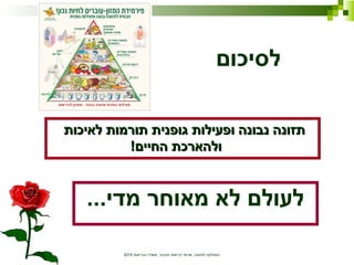 ‫הבריאות‬ ‫משרד‬ ,‫הציבור‬ ‫בריאות‬ ‫שרותי‬ ,‫לתזונה‬ ‫המחלקה‬2010
‫לסיכום‬
‫לאיכות‬ ‫תורמות‬ ‫גופנית‬ ‫ופעילות‬ ‫נבונה‬ ‫תזונה‬‫לאיכות‬ ‫תורמות‬ ‫גופנית‬ ‫ופעילות‬ ‫נבונה‬ ‫תזונה‬
‫החיים‬ ‫ולהארכת‬‫החיים‬ ‫ולהארכת‬!!
...‫מדי‬ ‫מאוחר‬ ‫לא‬ ‫לעולם‬
 