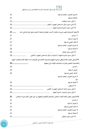 ‫دليل‬‫التصرفا‬ ‫مساطر‬‫ت‬‫اإلدارية‬‫المتعلقة‬‫شؤو‬ ‫بتدبير‬‫ن‬‫الموظفين‬
‫الثانية‬ ‫المسطرة‬‫الرخص‬ ‫تدبير‬
13
4.‫ا‬‫لشروط‬‫القانونية‬‫و‬‫النظامية‬‫للمسطرة‬:02
5.‫معالجة‬‫المسطرة‬:02
5.1.‫على‬‫مستوى‬‫الموظفات‬:........................................................................................02
5.2.‫على‬‫مستوى‬‫كز‬‫المر‬‫االستشفائي‬‫الجهوي‬‫او‬‫اإلقليم‬:...........................................................................06
5.3.‫على‬‫مستوى‬‫المندوبية‬‫والمديرية‬‫الجهوية‬:......................................................................................06
V.‫الرخصة‬‫اإلستثنائية‬‫بالتغيب‬‫لمبررات‬‫عائلية‬‫و‬‫ألسباب‬‫خطيرة‬‫واستثنائية‬‫ال‬‫تتعدى‬‫مدتها‬‫عشرة‬‫أيام‬‫في‬‫السنة‬.......51
1.‫المدخل‬:07
2.‫تعريف‬‫المسطرة‬:07
3.‫اإلطار‬‫القانوني‬‫للمسطرة‬:07
4.‫الشروط‬‫القانونية‬‫و‬‫النظامية‬‫للمسطرة‬:07
5.‫معالجة‬‫المسطرة‬:08
5.1.‫على‬‫مستوى‬‫الموظف‬...............................................................................:08
5.2.‫على‬‫مستوى‬‫ية‬‫ر‬‫المدي‬‫الجهوية‬‫أو‬‫المندوبية‬‫أو‬‫كز‬‫المر‬‫اإلستشفائي‬‫الجهوي‬‫أو‬‫االقليمي‬:..............................08
VI.‫الترخيص‬‫بالتغيب‬‫لفائدة‬‫موظفي‬‫المديرية‬‫الجهوية‬‫والمندوبية‬‫األعضاء‬‫في‬‫الجمعيات‬‫ذات‬‫المنفعة‬‫العامة‬‫والنقابات‬‫المهنية‬
‫والتعاضديات‬‫لحضور‬‫مؤتمرات‬‫واجتماعات‬‫الهيئات‬‫التي‬‫يمثلونها‬.............................51
1.‫المدخل‬01
2.‫تعريف‬‫المسطرة‬:01
3.‫االطار‬‫القانوني‬‫للمسطرة‬01
4.‫الشروط‬‫القانونية‬‫و‬‫النظامية‬‫للمسطرة‬
01
5.‫معالجة‬‫المسطرة‬01
5.1.‫الموظفين‬:........................................................................................01
5.2.‫على‬‫مستوى‬‫كز‬‫المر‬‫االستشفائي‬‫الجهوي‬‫او‬‫االقليمي‬:...................................................................22
5.3.‫على‬‫مستوى‬‫المندوبية‬‫و‬‫ية‬‫ر‬‫المدي‬‫الجهوية‬.................................................................................22
VII.‫الترخيص‬‫بالتغيب‬‫لفائدة‬‫أعضاء‬‫المجالس‬‫الجماعية‬‫واالقليمية‬‫والجهوية‬‫من‬‫أجل‬‫حضور‬‫أشغال‬‫دورات‬‫المجالس‬08
7.‫المدخ‬‫ل‬:27
0.‫التعريف‬‫المسطرة‬:27
2.‫االطار‬‫القانوني‬‫للمسطرة‬:27
4.‫الشروط‬‫القانونية‬‫و‬‫النظامية‬‫للمسطرة‬:27
5.‫معالجة‬‫المسطرة‬27
5.1.‫على‬‫مستوى‬‫الموظفين‬:........................................................................................27
 