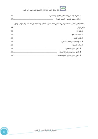 ‫دليل‬‫التصرفا‬ ‫مساطر‬‫ت‬‫اإلدارية‬‫المتعلقة‬‫شؤو‬ ‫بتدبير‬‫ن‬‫الموظفين‬
‫الثانية‬ ‫المسطرة‬‫الرخص‬ ‫تدبير‬
14
5.2.‫على‬‫مستوى‬‫كز‬‫المر‬‫االستشفائي‬‫الجهوي‬‫او‬‫االقليمي‬:...................................................................20
5.3.‫على‬‫مستوى‬‫المندوبية‬‫و‬‫ية‬‫ر‬‫المدي‬‫الجهوية‬.................................................................................20
VIII.‫الترخيص‬‫بالتغيب‬‫لفائدة‬‫الموظفين‬‫المدعوين‬‫للقيام‬‫بتداريب‬‫إعدادية‬‫أو‬‫كة‬‫المشار‬‫في‬‫منافسات‬‫رياضية‬‫وطنية‬‫أو‬‫دولية‬
‫داخل‬‫الوطن‬00
7.‫المدخ‬‫ل‬:22
2.‫التعريف‬‫المسطرة‬:22
3.‫اإلطار‬‫القانوني‬22
4.‫الشروط‬‫القانونية‬‫و‬‫النظامية‬‫للمسطرة‬:22
5.‫معالجة‬‫المسطرة‬22
5.1.‫على‬‫مستوى‬‫الموظفين‬:........................................................................................22
5.2.‫على‬‫مستوى‬‫مندوبية‬‫ارة‬‫ز‬‫و‬‫الصحة‬:.........................................................................................22
5.3.‫على‬‫مستوى‬‫ية‬‫ر‬‫المدي‬‫الجهوية‬‫للصحة‬:.......................................................................................22
 
