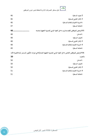 ‫دليل‬‫التصرفا‬ ‫مساطر‬‫ت‬‫اإلدارية‬‫المتعلقة‬‫شؤو‬ ‫بتدبير‬‫ن‬‫الموظفين‬
‫الثالثة‬ ‫المسطرة‬‫التراخيص‬ ‫تدبير‬
36
2.‫تعريف‬‫المسطرة‬:36
3.‫اإلطار‬‫القانوني‬‫للمسطرة‬:36
4.‫الشروط‬‫القانونية‬‫والنظامية‬‫للمسطرة‬:36
5.‫معالجة‬‫المسطرة‬:37
VI.‫الترخيص‬‫للموظفين‬‫للقيام‬‫بتداريب‬‫داخل‬‫النفوذ‬‫الترابي‬‫للمديرية‬‫الجهوية‬‫وخارجه‬............................01
1.‫المدخل‬:38
2.‫تعريف‬‫المسطرة‬:38
3.‫اإلطار‬‫القانوني‬‫للمسطرة‬:38
4.‫الشروط‬‫القانونية‬‫والنظامية‬‫للمسطرة‬:38
5.‫معالجة‬‫المسطرة‬:31
VII.‫الترخيص‬‫للموظفين‬‫العاملين‬‫داخل‬‫النفوذ‬‫الترابي‬‫للمديرية‬‫الجهوية‬‫كة‬‫للمشار‬‫في‬‫دورات‬‫التكوين‬‫المستمر‬‫لمدة‬‫قصيرة‬‫األمد‬
‫بالمغرب‬23
1.‫المدخل‬:22
2.‫تعريف‬‫المسطرة‬:22
3.‫اإلطار‬‫القانوني‬‫للمسطرة‬:22
4.‫الشروط‬‫القانونية‬‫والنظامية‬‫للمسطرة‬:27
5.‫معالجة‬‫المسطرة‬:27
 