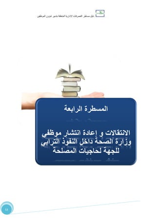 ‫دليل‬‫التصرفا‬ ‫مساطر‬‫ت‬‫اإلدارية‬‫المتعلقة‬‫شؤو‬ ‫بتدبير‬‫ن‬‫الموظفين‬
53
‫ابعة‬‫ر‬‫ال‬ ‫المسطرة‬:‫و‬ ‫االنتقاالت‬‫داخل‬ ‫الصحة‬ ‫ارة‬‫ز‬‫و‬ ‫موظفي‬ ‫انتشار‬ ‫إعادة‬
‫المصلحة‬ ‫لحاجيات‬ ‫للجهة‬ ‫ابي‬‫ر‬‫الت‬ ‫النفوذ‬
‫الرابعة‬ ‫المسطرة‬
‫موظفي‬ ‫انتشار‬ ‫إعادة‬ ‫و‬ ‫االنتقاالت‬
‫الترابي‬ ‫النفوذ‬ ‫داخل‬ ‫الصحة‬ ‫وزارة‬
‫المصلحة‬ ‫لحاجيات‬ ‫للجهة‬
 