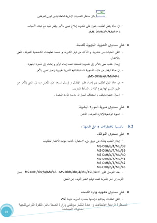 ‫دليل‬‫التصرفا‬ ‫مساطر‬‫ت‬‫اإلدارية‬‫المتعلقة‬‫شؤو‬ ‫بتدبير‬‫ن‬‫الموظفين‬
‫الرابعة‬ ‫المسطرة‬:‫االنتق‬‫ا‬‫و‬ ‫الت‬‫إعادة‬‫للجهة‬ ‫الترابي‬ ‫النفوذ‬ ‫داخل‬ ‫الصحة‬ ‫وزارة‬ ‫موظفي‬ ‫انتشار‬
‫المصلحة‬ ‫لحاجيات‬
69
-‫األسباب‬ ‫تبيان‬ ‫مع‬ ‫طلبه‬ ‫برفض‬ ‫باألمر‬ ‫املعين‬ ‫إبالغ‬ ‫املندوب‬ ‫على‬ ‫يتعني‬ ،‫الطلب‬ ‫رفض‬ ‫حالة‬ ‫يف‬
MS-DRH/a/4/Mu/44).)
‫للصحة‬ ‫الجهوية‬ ‫ية‬‫ر‬‫المدي‬ ‫مستوى‬ ‫على‬
-‫املعين‬ ،‫للموظ‬ ‫الشخصية‬ ‫املعلومات‬ ‫صحة‬ ‫و‬ ‫الشروط‬ ‫توفر‬ ‫من‬ ‫التأكد‬ ‫و‬ ‫املندوبية‬ ‫من‬ ‫الطلبات‬ ‫تلقي‬
‫باالنتقال‬.
-‫املعين‬ ‫طلب‬ ‫إرسال‬‫اجلهوية‬ ‫ية‬‫ر‬‫املدي‬ ‫إىل‬ ‫إعادته‬ ‫و‬ ‫أي‬‫ر‬‫ال‬ ‫إبداء‬ ‫قصد‬ ‫املستقبلة‬ ‫املندوبية‬ ‫إىل‬ ‫باألمر‬.
-‫باألمر‬ ‫املعين‬ ‫بإخبار‬ ‫اجلهوية‬ ‫ية‬‫ر‬‫املدي‬ ‫املستقبلة،تقوم‬ ‫املندوبية‬ ‫طرف‬ ‫من‬ ‫الرفض‬ ‫حالة‬ ‫يف‬
MS-DRH/a/4/Mu/44).)
-‫يتم‬ ‫الطلب‬ ‫قبول‬ ‫حالة‬ ‫يف‬‫إىل‬ ‫منه‬ ‫األصل‬ ‫طبق‬ ‫نسخة‬ ‫إرسال‬ ‫و‬ ‫االنتقال‬ ‫مقرر‬ ‫إعداد‬‫عن‬ ‫باألمر‬ ‫املعين‬
‫املندوبني‬ ‫السادة‬ ‫اىل‬ ‫كذا‬‫و‬ ‫اإلداري‬ ‫السلم‬ ‫يق‬‫ر‬‫ط‬.
-‫ية‬‫ر‬‫البش‬ ‫ارد‬‫و‬‫امل‬ ‫ية‬‫ر‬‫مدي‬ ‫اىل‬ ‫العمل‬ ‫استئناف‬ ‫و‬ ،‫توق‬ ‫حمضري‬ ‫إرسال‬.
‫ية‬‫ر‬‫البش‬ ‫الموارد‬ ‫ية‬‫ر‬‫مدي‬ ‫مستوى‬ ‫على‬
-‫املنتقل‬ ،‫للموظ‬ ‫ية‬‫ر‬‫اإلدا‬ ‫الوضعية‬ ‫تسوية‬.
5.2.‫الجهة‬ ‫داخل‬ ‫لالنتقاالت‬ ‫بالنسبة‬:
‫مستوى‬ ‫على‬‫الموظف‬
-‫املطلوب‬ ‫االنتقال‬ ‫بنوعية‬ ‫اخلاصة‬ ‫االستمارة‬ ‫ملء‬ ‫يق‬‫ر‬‫ط‬ ‫عن‬ ‫وذلك‬ ‫الطلب‬ ‫إيداع‬
MS-DRH/b/4/Mu/38
MS-DRH/b/4/Mu/39
MS-DRH/b/4/Mu/40
MS-DRH/b/4/Mu/41
MS-DRH/b/4/Mu/42
MS-DRH/b/4/Mu/43
-‫االنتقال‬ ‫مبقرر‬ ‫التوصل‬ ‫بعد‬‫؛‬MS-DRH/abc/4/Mu/45MS-DRH/abc/4/Mu/46‫يتعني‬
‫العمل‬ ‫عن‬ ،‫التوق‬ ‫حمضر‬ ‫توقيع‬ ‫قصد‬ ‫املندوبية‬ ‫مقر‬ ‫إىل‬ ‫التوجه‬.
‫الصحة‬ ‫وزارة‬ ‫مندوبية‬ ‫مستوى‬ ‫على‬
-‫أعاله‬ ‫املبينة‬ ‫الشروط‬ ‫حسب‬ ‫استها‬‫ر‬‫د‬ ‫ومباشرة‬ ‫الطلبات‬ ‫تلقي‬.
 