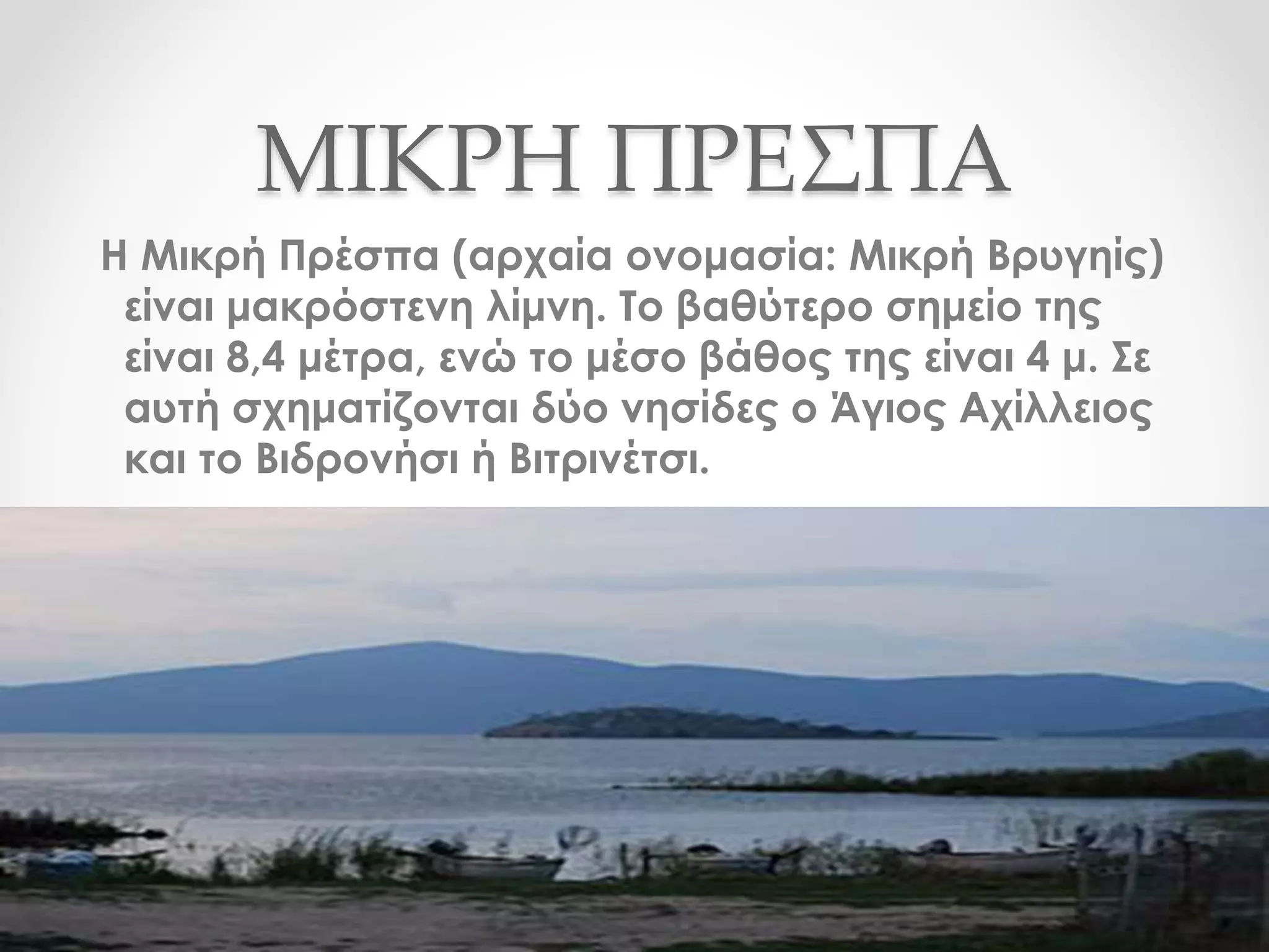 ΜΙΚΡΗ ΠΡΕΣΠΑ
Η Μικρή Πρέσπα (αρχαία ονομασία: Μικρή Βρυγηίς)
είναι μακρόστενη λίμνη. Το βαθύτερο σημείο της
είναι 8,4 μέτρα, ενώ το μέσο βάθος της είναι 4 μ. Σε
αυτή σχηματίζονται δύο νησίδες ο Άγιος Αχίλλειος
και το Βιδρονήσι ή Βιτρινέτσι.
 