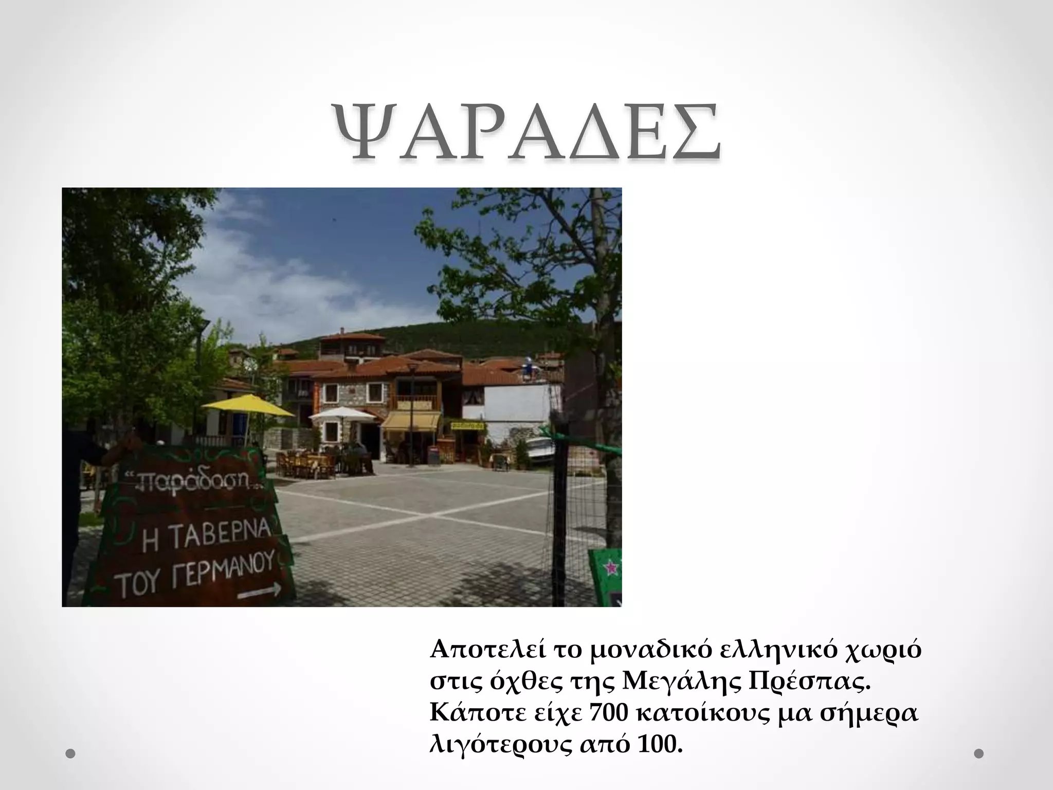 ΨΑΡΑΔΕΣ
Αποτελεί το μοναδικό ελληνικό χωριό
στις όχθες της Μεγάλης Πρέσπας.
Κάποτε είχε 700 κατοίκους μα σήμερα
λιγότερους από 100.
 