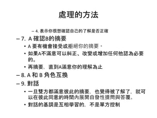 處理的方法
– 4. 表示你很想確認自己的了解是否正確
– 7. A 確認B的摘要
• A 要有機會接受或拒絕你的摘要。
• 如果A不滿意可以糾正、改變或增加任何他認為必要
的。
• 再摘要，直到A滿意你的理解為止
– 8. A 和 B 角色互換
– 9. 對話
• 一旦雙方都滿意彼此的摘要，也覺得被了解了，就可
以在彼此同意的時間內展開自發性提問與答覆。
• 對話的基調是互相學習的，不是單方控制
 