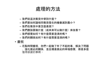處理的方法
– 我們從這次衝突中學到什麼？
– 我們要如何讓相同衝突發生的機會減到最小？
– 我們在衝突中要怎麼表現？
– 我們應該要做什麼（或未來可以做什麼）來改善？
– 我們感覺如何？有什麼需要澄清的嗎？
– 我們的關係如何？有什麼需要澄清的嗎？
• 慶祝
– 花點時間慶祝，你們一起做了件了不起的事，解決了問題
，強化彼此的關係，並且增進彼此的幸福感覺，那是多麼
值得感謝的事啊。
 