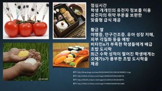 점심시간
학생 개개인의 유전자 정보를 이용
유전자의 취약 부분을 보완한
맞춤형 급식 제공
황금 쌀
야맹증, 안구건조증. 유아 성장 저해,
피부 각질화 등을 예방
비타민A가 부족한 학생들에게 배급
초밥 도시락
최근 수학 성적이 떨어진 학생에게는
오메가3가 풍부한 초밥 도시락을
제공
출처: http://cfile25.uf.tistory.com/image/14690D344FC601A428C703
출처: http://dimg.donga.com/wps/NEWS/IMAGE/2011/08/18/39608221.2.jpg
출처: http://cfile205.uf.daum.net/image/2151384152176C4D258FFD
출처: http://cfile22.uf.tistory.com/image/1742BB455063BD7B1C58BC
 