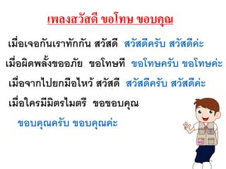 เพลงสวัสดี ขอโทษ ขอบคุณ
เมื่อเจอกันเราทักกัน สวัสดี สวัสดีครับ สวัสดีค่ะ
เมื่อผิดพลังขออภัย ขอโทษที ขอโทษครับ ขอโทษค่ะ
เมื่อจากไปยกมือไหว้ สวัสดี สวัสดีครับ สวัสดีค่ะ
เมื่อใครมีมิตรไมตรี ขอขอบคุณ
ขอบคุณครับ ขอบคุณค่ะ
8
 