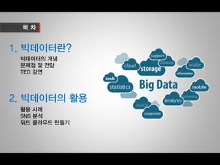 1. 빅데이터랶?
2. 빅데이터의 활용
빅데이터의 개념
문제점 및 전망
TED 강연
활용 사례
SNS 분석
워드 클라우드 만들기
 