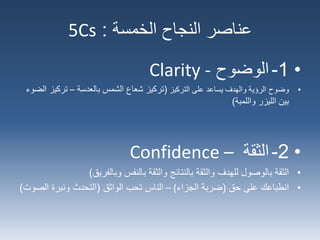 ‫عناصر‬‫الخمسة‬ ‫النجاح‬:5Cs
•1-‫الوضوح‬Clarity -
•‫الرؤية‬ ‫وضوح‬‫التركيز‬ ‫على‬ ‫يساعد‬ ‫والهدف‬(‫تركيز‬‫بالعدسة‬ ‫الشمس‬ ‫شعاع‬–‫تركي‬‫الضوء‬ ‫ز‬
‫واللمبة‬ ‫الليزر‬ ‫بين‬)
•2-‫الثقة‬Confidence –
•‫وبالفريق‬ ‫بالنفس‬ ‫والثقة‬ ‫بالنتائج‬ ‫والثقة‬ ‫للهدف‬ ‫بالوصول‬ ‫الثقة‬)
•‫حق‬ ‫على‬ ‫انطباعك‬(‫الجزاء‬ ‫ضربة‬)–‫الواثق‬ ‫تحب‬ ‫الناس‬(‫ال‬ ‫ونبرة‬ ‫التحدث‬‫صوت‬)
 