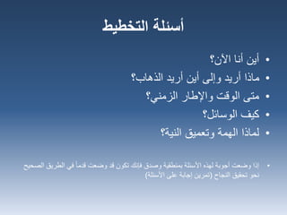 •‫اآلن؟‬ ‫أنا‬ ‫أين‬
•‫الذهاب؟‬ ‫أريد‬ ‫أين‬ ‫وإلى‬ ‫أريد‬ ‫ماذا‬
•‫الزمني؟‬ ‫واإلطار‬ ‫الوقت‬ ‫متى‬
•‫الوسائل؟‬ ‫كيف‬
•‫النية‬ ‫وتعميق‬ ‫الهمة‬ ‫لماذا‬‫؟‬
•‫الطريق‬ ‫في‬ ‫قدما‬ ‫وضعت‬ ‫قد‬ ‫تكون‬ ‫فإنك‬ ‫وصدق‬ ‫بمنطقية‬ ‫األسئلة‬ ‫لهذه‬ ‫أجوبة‬ ‫وضعت‬ ‫إذا‬‫الصحيح‬
‫النجاح‬ ‫تحقيق‬ ‫نحو‬(‫األسئلة‬ ‫على‬ ‫إجابة‬ ‫تمرين‬)
‫التخطيط‬ ‫أسئلة‬
 
