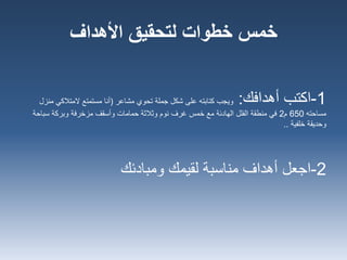 1-‫اكتب‬‫أهدافك‬:‫مشاعر‬ ‫تحوي‬ ‫جملة‬ ‫شكل‬ ‫على‬ ‫كتابته‬ ‫ويجب‬(‫م‬ ‫المتالكي‬ ‫مستمتع‬ ‫أنا‬‫نزل‬
‫مساحته‬650‫م‬2‫سباح‬ ‫وبركة‬ ‫مزخرفة‬ ‫وأسقف‬ ‫حمامات‬ ‫وثالثة‬ ‫نوم‬ ‫غرف‬ ‫خمس‬ ‫مع‬ ‫الهادئة‬ ‫الفلل‬ ‫منطقة‬ ‫في‬‫ة‬
‫خلفية‬ ‫وحديقة‬..
2-‫اجعل‬‫ومبادئك‬ ‫لقيمك‬ ‫مناسبة‬ ‫أهداف‬
‫لتحقيق‬ ‫خطوات‬ ‫خمس‬‫األهداف‬
 