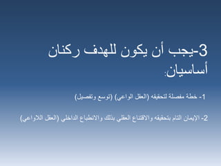 3-‫ركنان‬ ‫للهدف‬ ‫يكون‬ ‫أن‬ ‫يجب‬
‫أساسيان‬:
1-‫لتحقيقه‬ ‫مفصلة‬ ‫خطة‬(‫الواعي‬ ‫العقل‬( )‫وتفصيل‬ ‫توسع‬)
2-‫الداخلي‬ ‫واالنطباع‬ ‫بذلك‬ ‫العقلي‬ ‫واالقتناع‬ ‫بتحقيقه‬ ‫التام‬ ‫اإليمان‬(‫العق‬‫الالواعي‬ ‫ل‬)
 