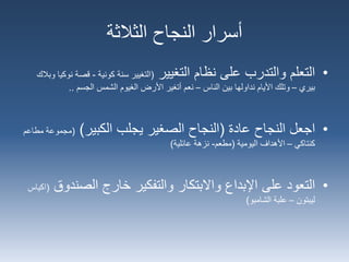 ‫الثالثة‬ ‫النجاح‬ ‫أسرار‬
•‫التغيير‬ ‫نظام‬ ‫على‬ ‫والتدرب‬ ‫التعلم‬(‫كونية‬ ‫سنة‬ ‫التغيير‬-‫قص‬‫وبالك‬ ‫نوكيا‬ ‫ة‬
‫بيري‬–‫الناس‬ ‫بين‬ ‫نداولها‬ ‫األيام‬ ‫وتلك‬–‫الجسم‬ ‫الشمس‬ ‫الغيوم‬ ‫األرض‬ ‫أتغير‬ ‫نعم‬..
•‫عادة‬ ‫النجاح‬ ‫اجعل‬(‫الكبير‬ ‫يجلب‬ ‫الصغير‬ ‫النجاح‬)(‫مجموع‬‫مطاعم‬ ‫ة‬
‫كنتاكي‬–‫اليومية‬ ‫األهداف‬(‫مطعم‬-‫عائلية‬ ‫نزهة‬)
•‫خارج‬ ‫والتفكير‬ ‫واالبتكار‬ ‫اإلبداع‬ ‫على‬ ‫التعود‬‫الصن‬‫دوق‬(‫اكياس‬
‫ليبتون‬–‫الشامبو‬ ‫علبة‬)
 