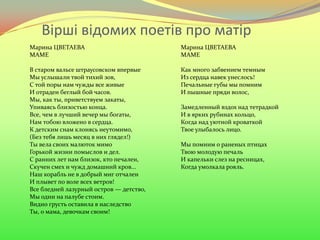 Вірші відомих поетів про матір
Марина ЦВЕТАЕВА
МАМЕ
В старом вальсе штраусовском впервые
Мы услышали твой тихий зов,
С той поры нам чужды все живые
И отраден беглый бой часов.
Мы, как ты, приветствуем закаты,
Упиваясь близостью конца.
Все, чем в лучший вечер мы богаты,
Нам тобою вложено в сердца.
К детским снам клонясь неутомимо,
(Без тебя лишь месяц в них глядел!)
Ты вела своих малюток мимо
Горькой жизни помыслов и дел.
С ранних лет нам близок, кто печален,
Скучен смех и чужд домашний кров...
Наш корабль не в добрый миг отчален
И плывет по воле всех ветров!
Все бледней лазурный остров — детство,
Мы одни на палубе стоим.
Видно грусть оставила в наследство
Ты, о мама, девочкам своим!
Марина ЦВЕТАЕВА
МАМЕ
Как много забвением темным
Из сердца навек унеслось!
Печальные губы мы помним
И пышные пряди волос,
Замедленный вздох над тетрадкой
И в ярких рубинах кольцо,
Когда над уютной кроваткой
Твое улыбалось лицо.
Мы помним о раненых птицах
Твою молодую печаль
И капельки слез на ресницах,
Когда умолкала рояль.
 