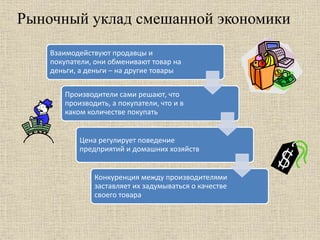 Взаимодействуют продавцы и
покупатели, они обменивают товар на
деньги, а деньги – на другие товары
Производители сами решают, что
производить, а покупатели, что и в
каком количестве покупать
Цена регулирует поведение
предприятий и домашних хозяйств
Конкуренция между производителями
заставляет их задумываться о качестве
своего товара
Рыночный уклад смешанной экономики
 