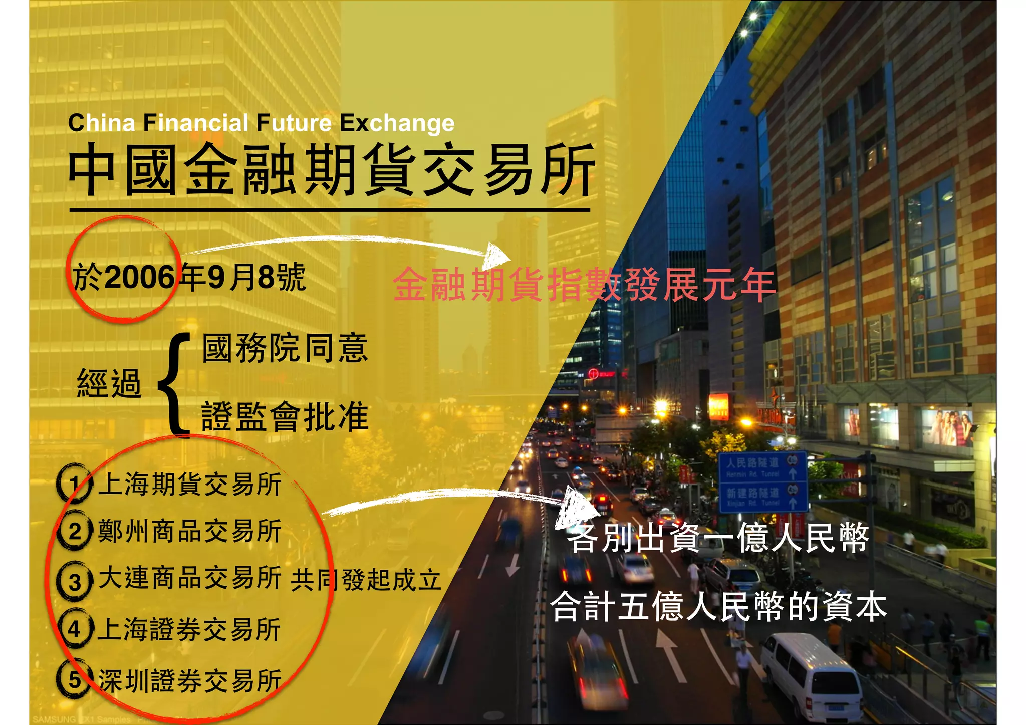 中國⾦金融期貨交易所
於2006年9⽉月8號
China Financial Future Exchange
經過
{國務院同意
證監會批准
上海期貨交易所1
鄭州商品交易所2
⼤大連商品交易所3
上海證券交易所4
深圳證券交易所5
共同發起成⽴立
各別出資⼀一億⼈人⺠民幣
合計五億⼈人⺠民幣的資本
⾦金融期貨指數發展元年
 